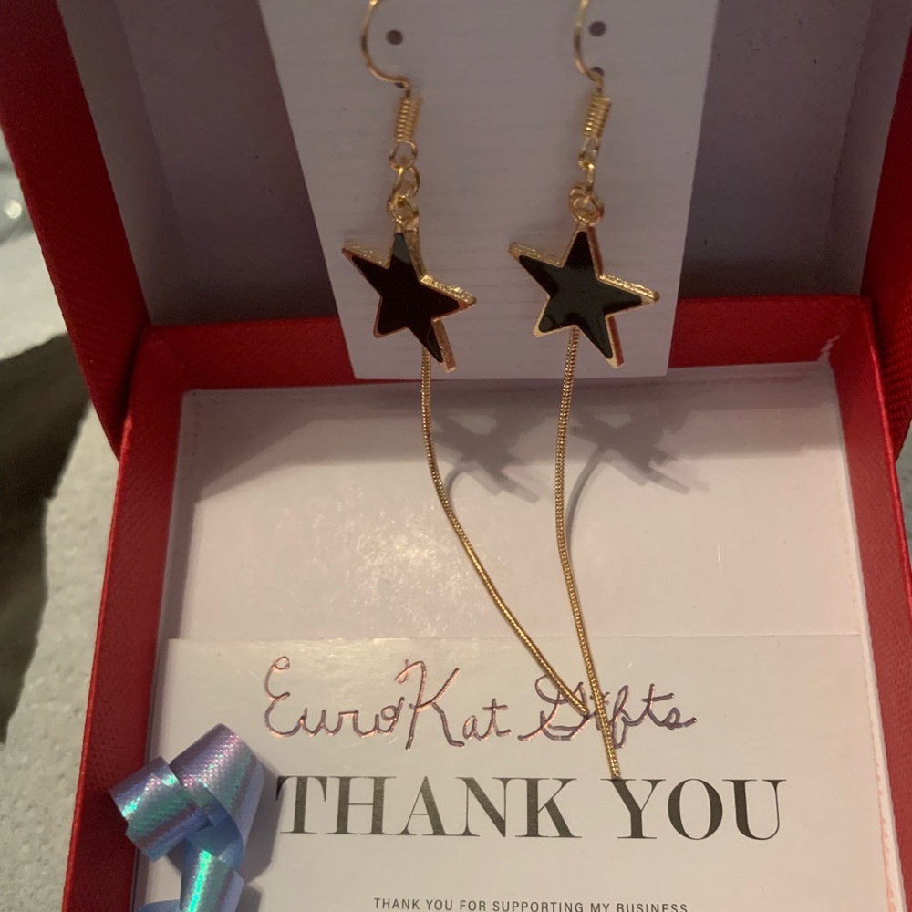Gold Star Black Enamel Dangle Earrings NEW on stainless steel Earwires NEW
